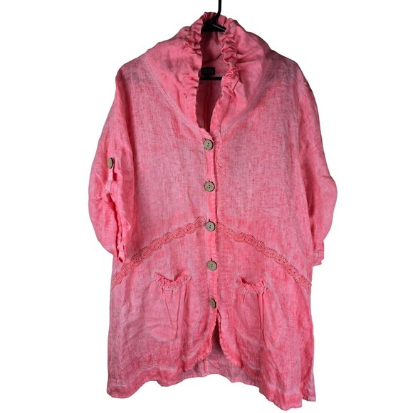 Fantazia Pink Oversized Lagenlook Ruffled Button-Front Linen Jacket With Pockets - Picture 1 of 6